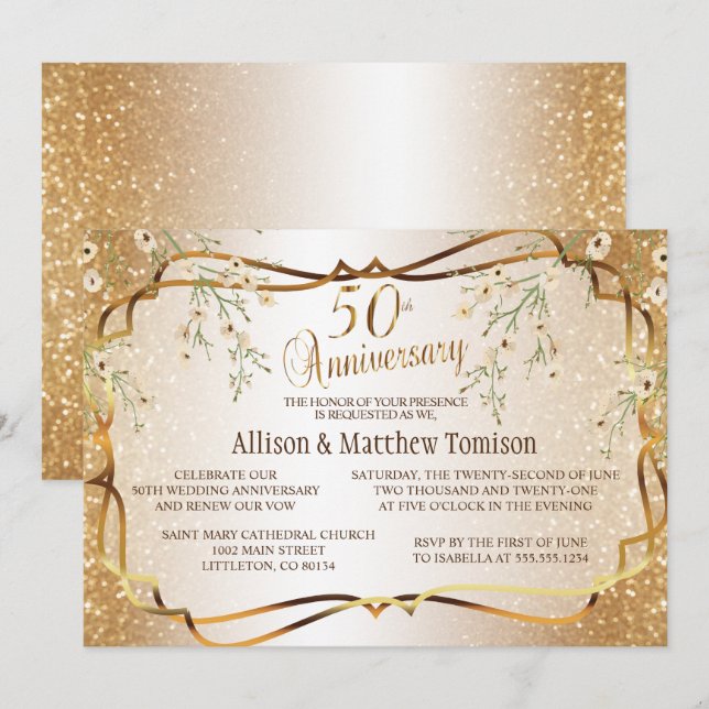 Invitation 50e Anniversaire de Mariage en Paillettes Dorées | (Devant / Derrière)