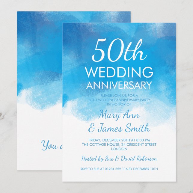 Invitation 50e Anniversaire de Mariage Été Bleu Aquarelle (Devant / Derrière)