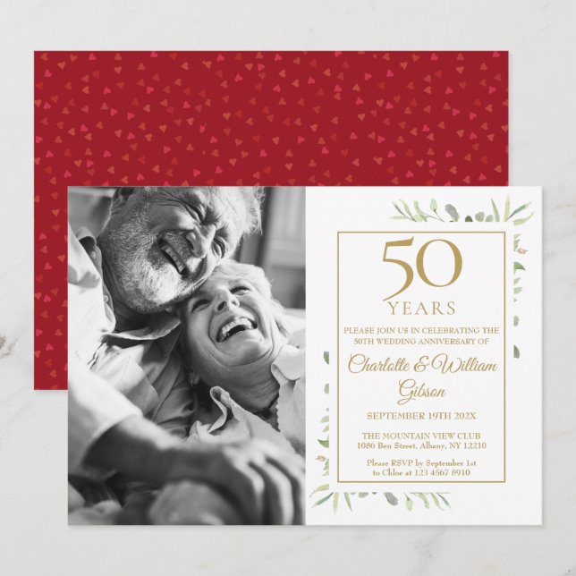 Invitation 50e Anniversaire de Mariage Feuillage Amour Cœur P (Devant / Derrière)