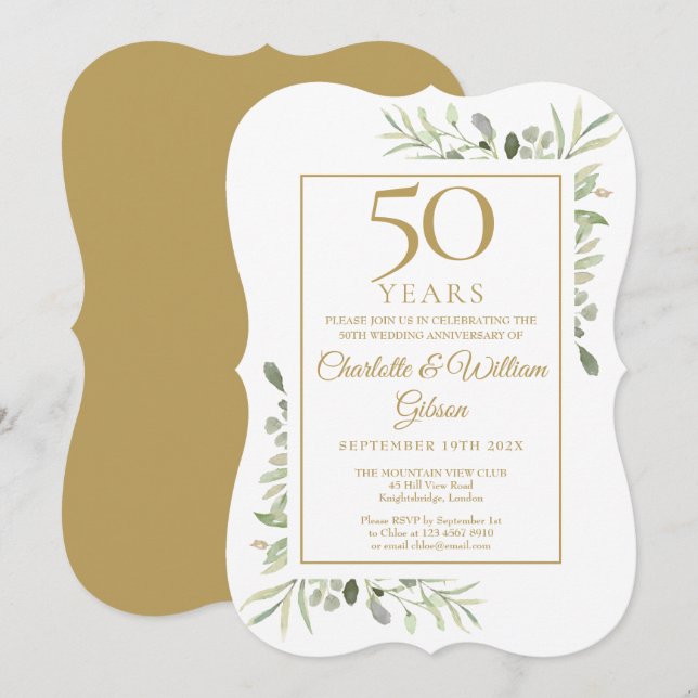 Invitation 50e Anniversaire de Mariage Feuillage de Verdure (Devant / Derrière)