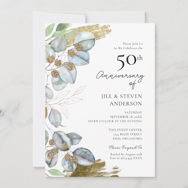 Invitation 50e anniversaire de mariage feuillage eucalyptus s (Devant)