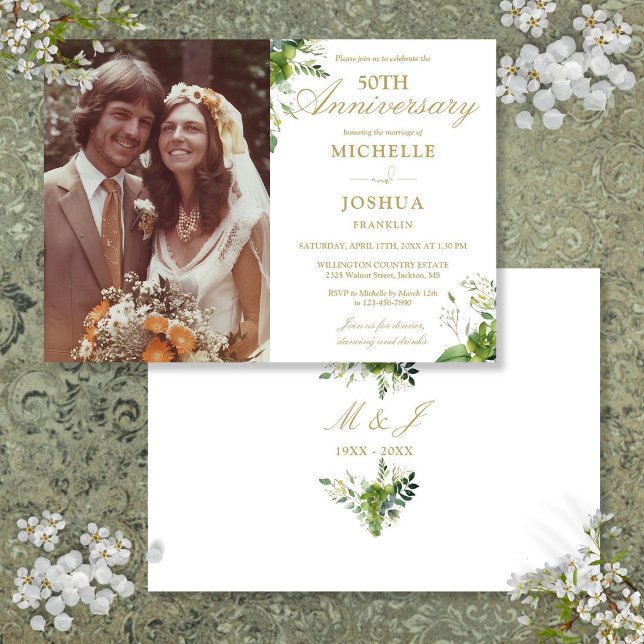 Invitation 50e Anniversaire de Mariage Feuillage Or Photo (50th Wedding Anniversary Greenery Gold Photo Invitation)