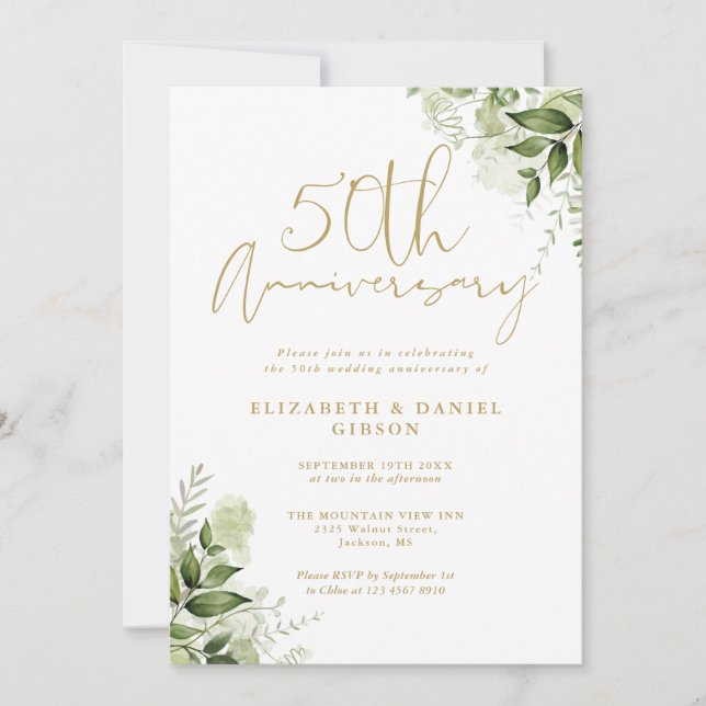 Invitation 50e Anniversaire de Mariage Feuillage Photo Or (Devant)