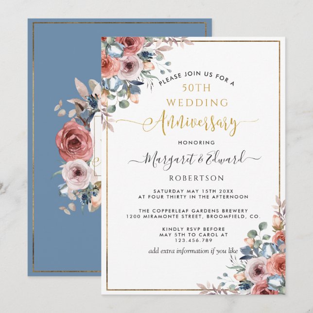 Invitation 50e Anniversaire de Mariage, Fleurs dorées Bleu Bl (Devant / Derrière)