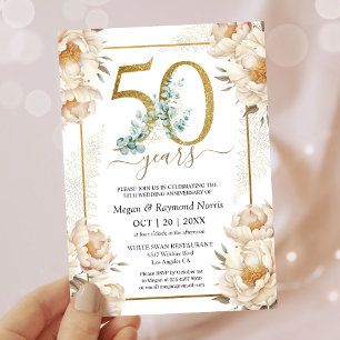 Invitation 50e Anniversaire de Mariage Floral Blanc Pivoine O