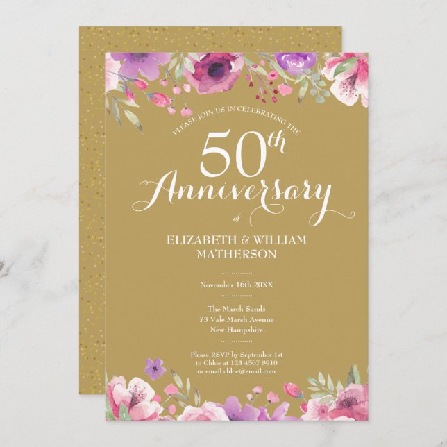 Invitation 50e anniversaire de mariage floral campagne (Devant / Derrière)