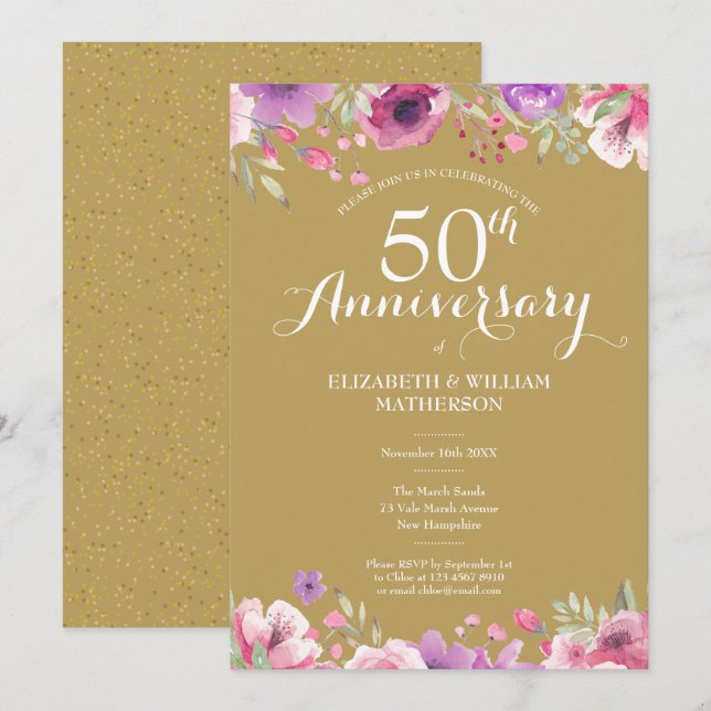 Invitation 50e anniversaire de mariage floral country (Devant / Derrière)