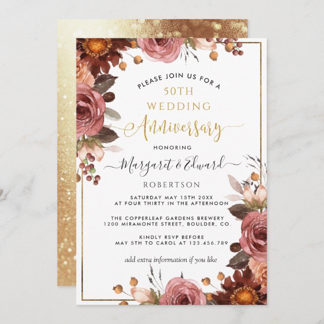 Invitation 50e anniversaire de mariage, floral or et burgundy (Devant / Derrière)