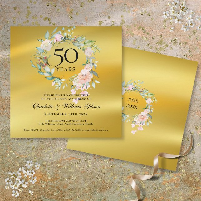 Invitation 50e anniversaire de mariage floral papier d'or (50th Golden Wedding Anniversary Floral Gold Foil Invitation)