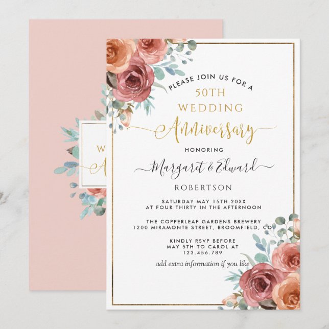 Invitation 50e anniversaire de mariage, floral pêche et menth (Devant / Derrière)