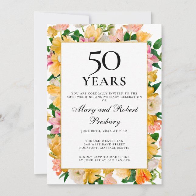 Invitation 50e anniversaire de Mariage Floral rose jaune (Devant)
