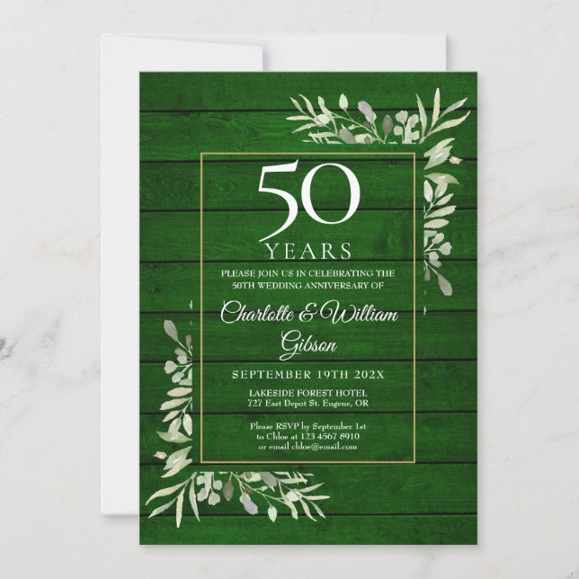 Invitation 50e anniversaire de mariage floral rustique vert b (Devant)