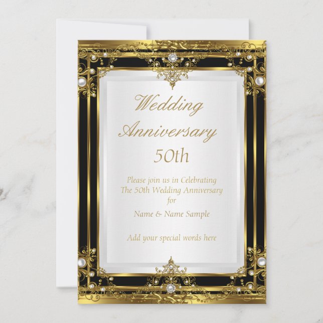 Invitation 50e anniversaire de Mariage Gold Black White Pearl (Devant)
