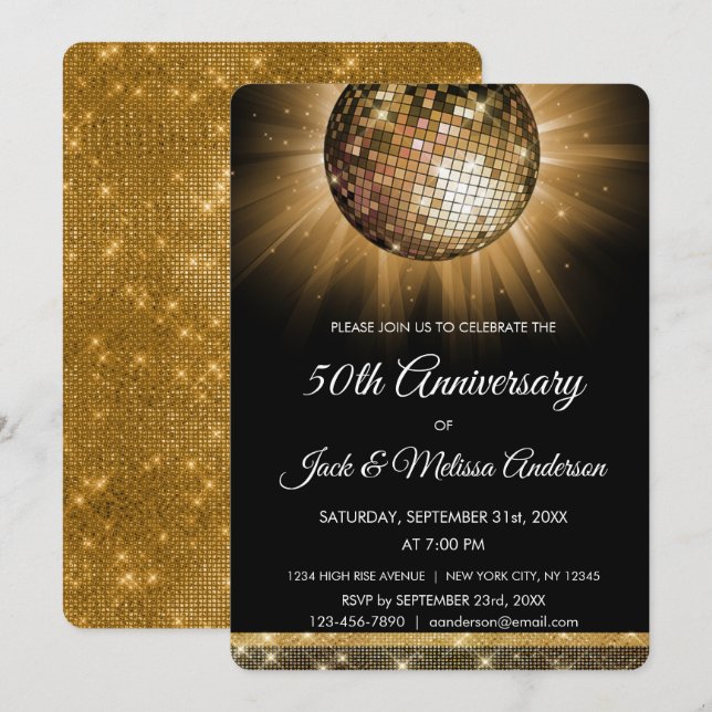 Invitation 50e anniversaire de Mariage Gold Disco Ball (Devant / Derrière)