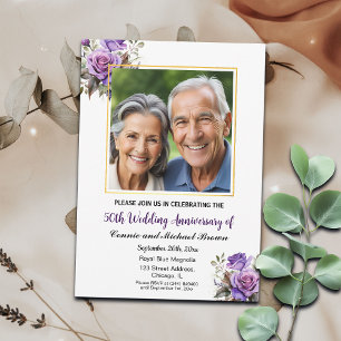 Invitation 50e anniversaire de Mariage Gold Frame Roses viole
