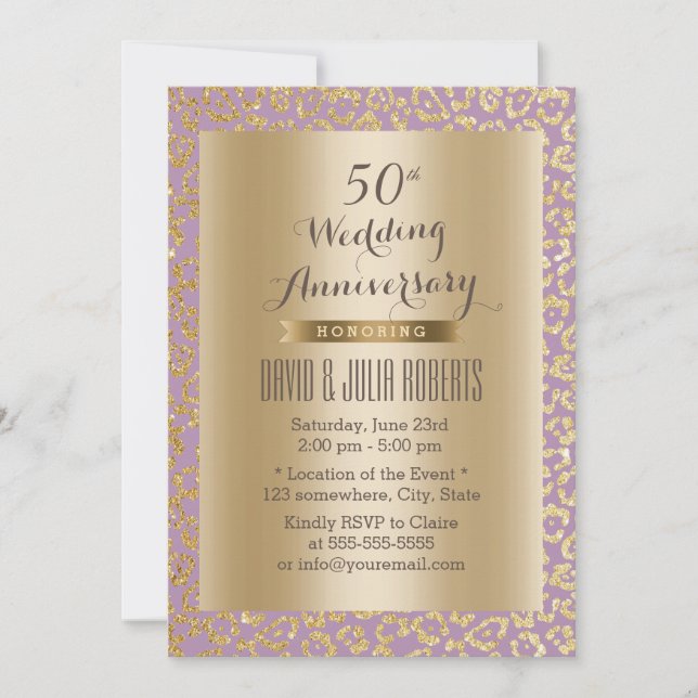 Invitation 50e anniversaire de Mariage Leopard d'or et de vio (Devant)
