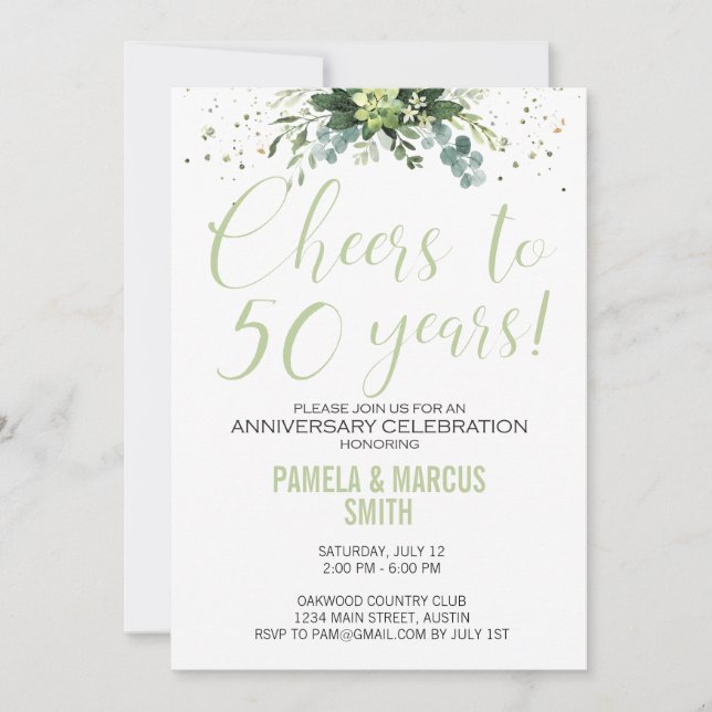 Invitation 50e Anniversaire de Mariage Moderne Floral Vert (Devant)