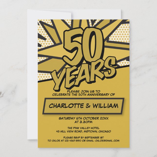 Invitation 50e anniversaire de mariage Moderne Fun Golden (Devant)