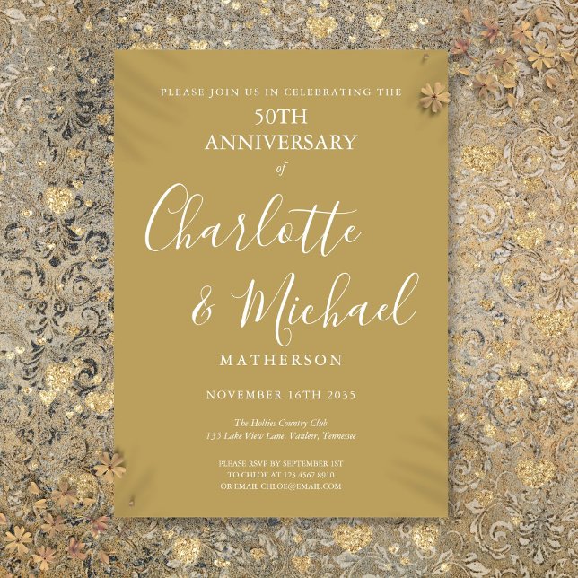 Invitation 50e anniversaire de mariage moderne Golden (Golden 50th Wedding Anniversary Modern Script Invitation)