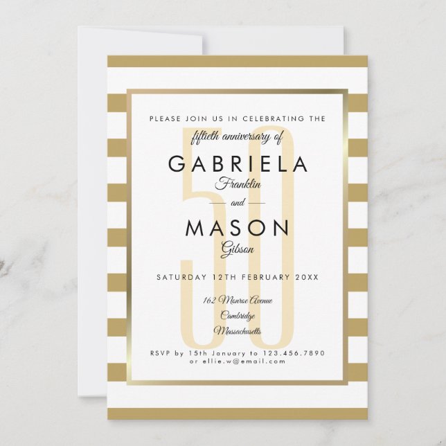 Invitation 50e Anniversaire de Mariage Moderne Rayure Dorée  (Devant)
