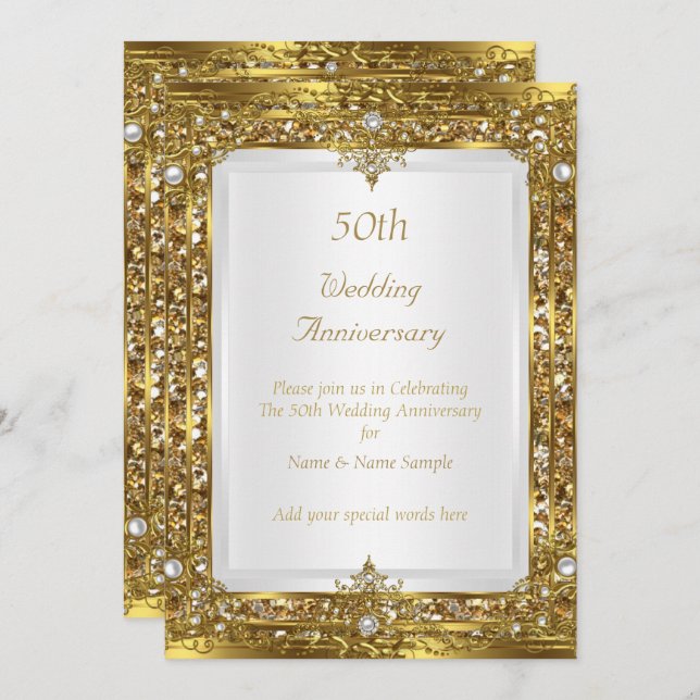 Invitation 50e Anniversaire de Mariage Nacre Blanche Pailleté (Devant / Derrière)