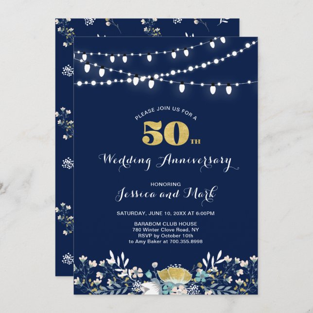 Invitation 50e anniversaire de mariage Navy & Or (Devant / Derrière)