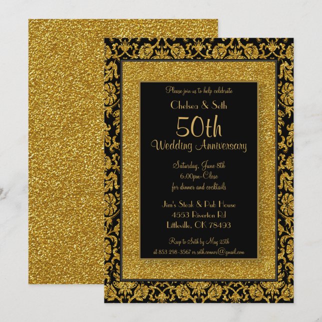 Invitation 50e Anniversaire de Mariage Noces de Glitter Or (Devant / Derrière)