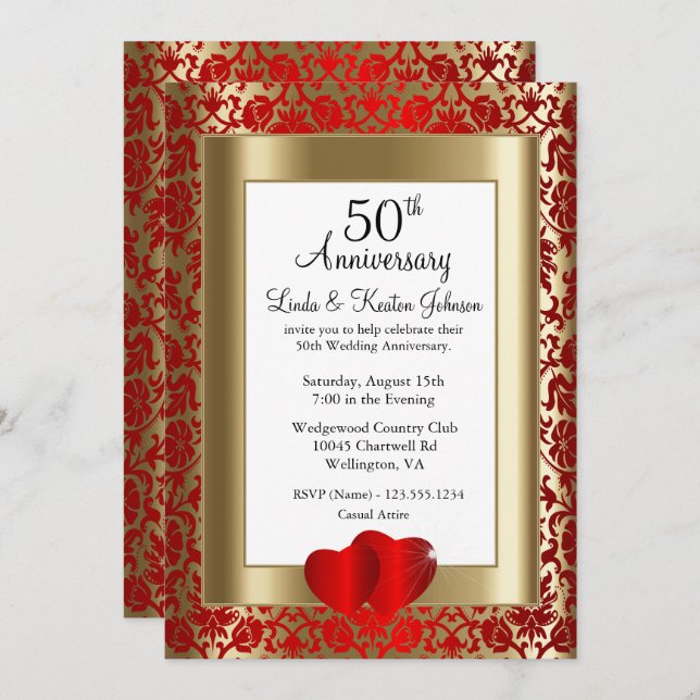 Invitation 50e anniversaire de mariage Noces d'or et de rubis (Devant / Derrière)