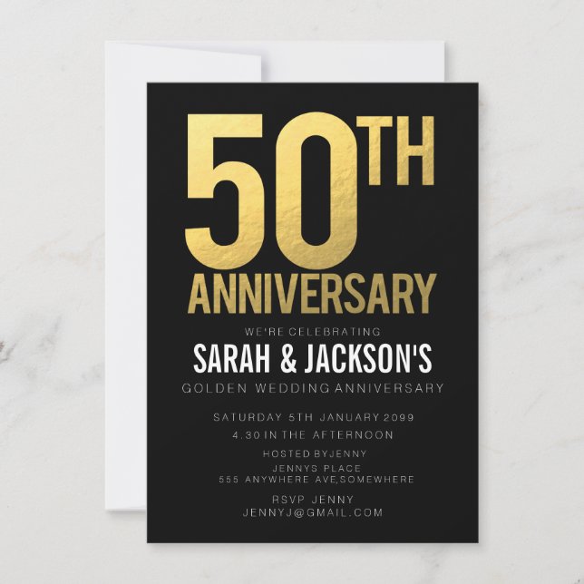 Invitation 50e anniversaire de mariage noir et or (Devant)