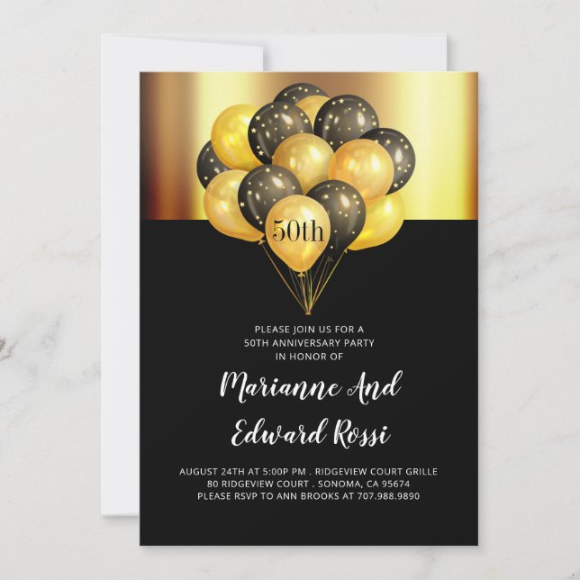 Invitation 50e anniversaire de mariage noir et or (Devant)