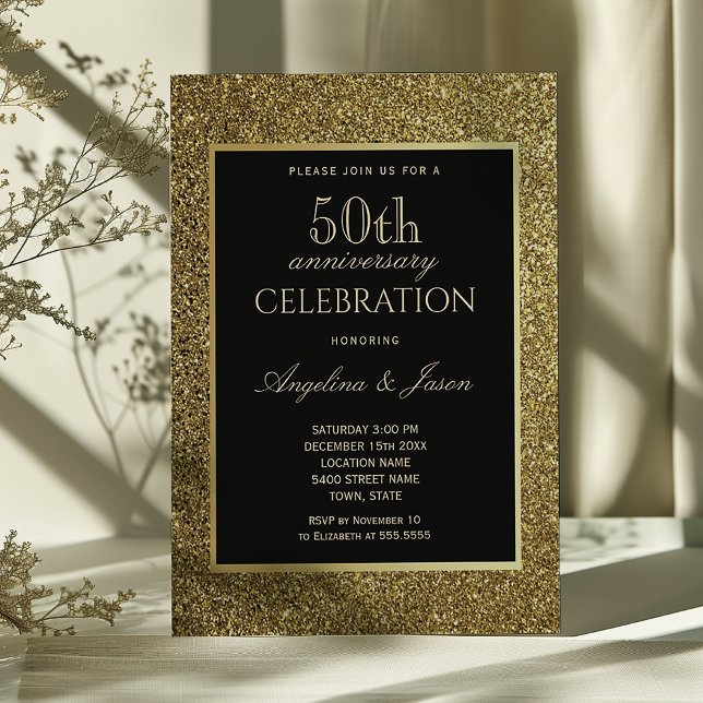 Invitation 50e anniversaire de mariage noir et or (Créateur téléchargé)