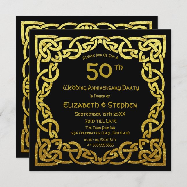Invitation 50e anniversaire de mariage noir et or nœud celtiq (Devant / Derrière)