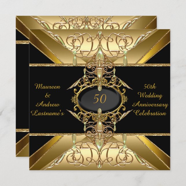 Invitation 50e anniversaire de mariage or bijou doré (Devant / Derrière)