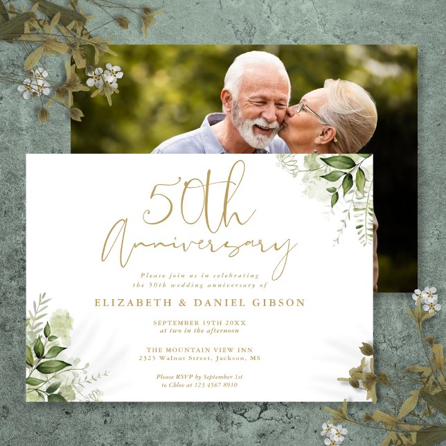 Invitation 50e anniversaire de mariage or écriture (50th Wedding Anniversary Gold Script Floral Photo Invitation)
