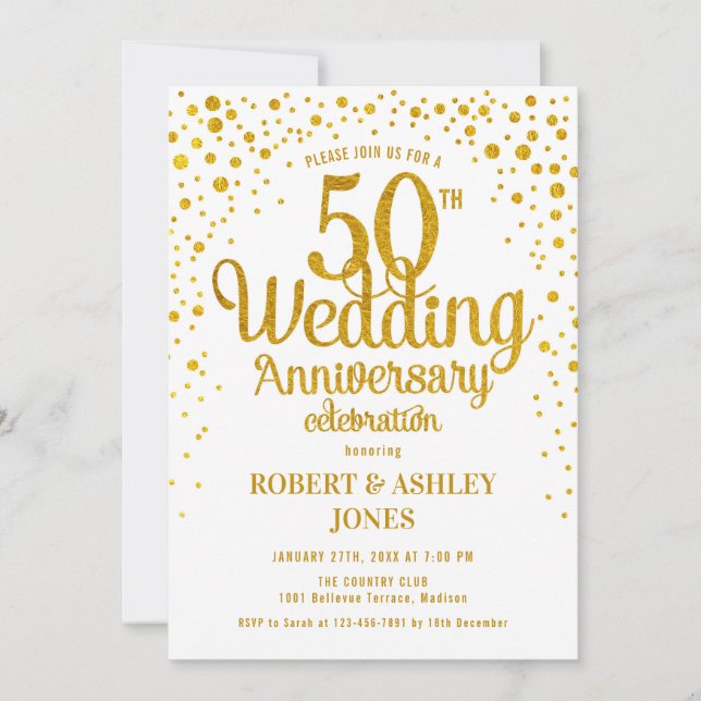 Invitation 50e anniversaire de mariage - Or et Blanc (Devant)