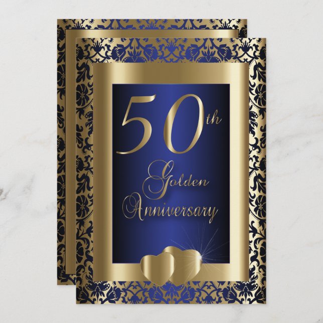 Invitation 50e anniversaire de mariage Or et Bleu | Texte DIY (Devant / Derrière)