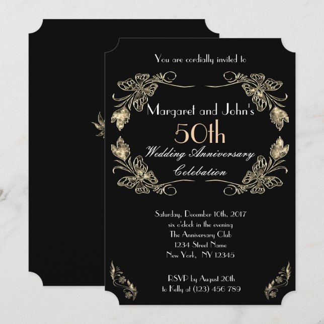Invitation 50e anniversaire de mariage or et noir glamour (Devant / Derrière)
