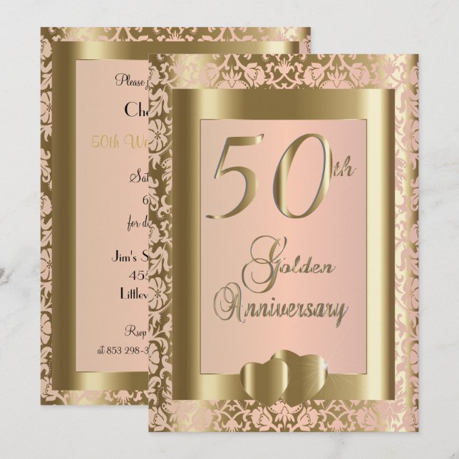 Invitation 50e anniversaire de mariage Or et Rose | Texte DIY (Devant / Derrière)