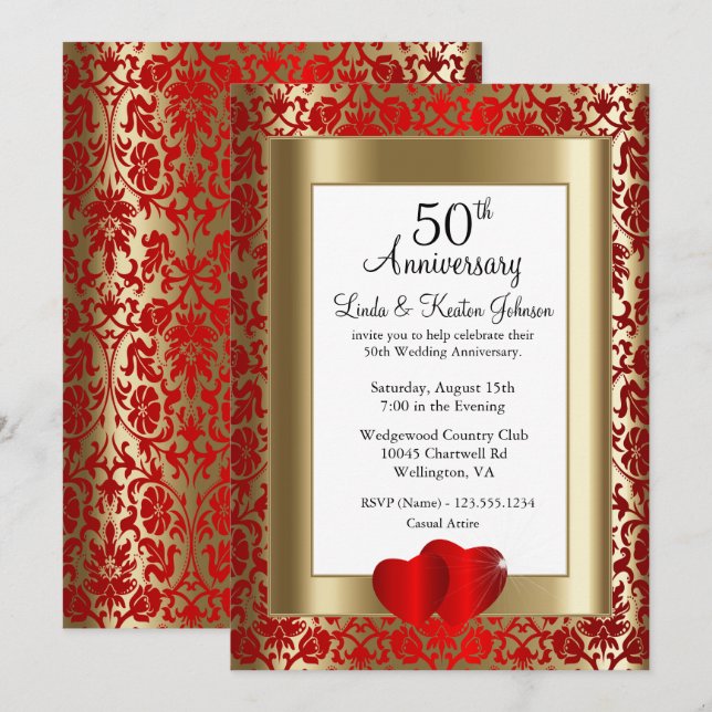 Invitation 50e anniversaire de mariage Or et Rubis | Texte DI (Devant / Derrière)
