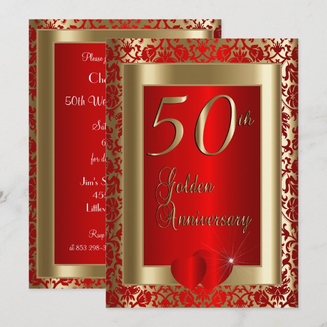 Invitation 50e anniversaire de mariage Or et Rubis | Texte DI (Devant / Derrière)