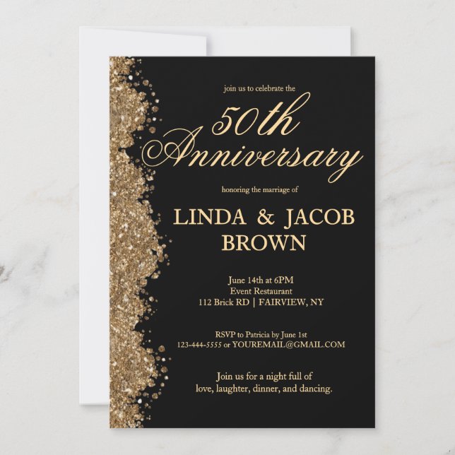 Invitation 50e Anniversaire de Mariage Or Faux Paillettes  (Devant)
