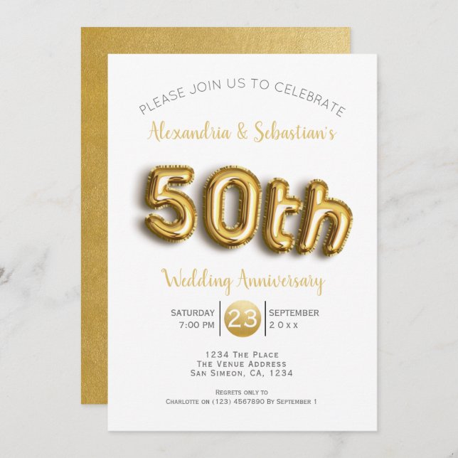Invitation 50e anniversaire de mariage or faux personnalisé (Devant / Derrière)
