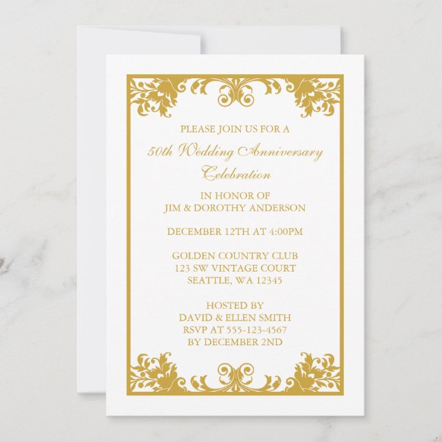Invitation 50e anniversaire de Mariage or Flourish Scroll (Devant)