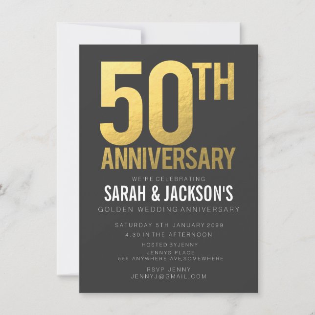 Invitation 50e Anniversaire de Mariage Or Gris Fête (Devant)