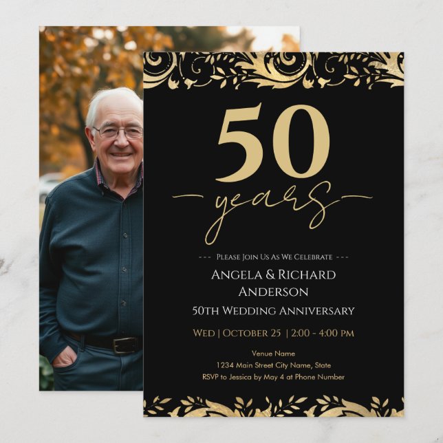 Invitation 50e anniversaire de mariage or noir (Devant / Derrière)