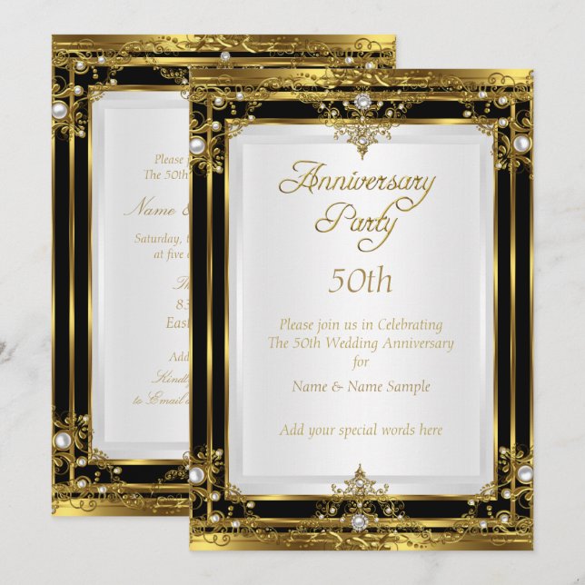 Invitation 50e Anniversaire de Mariage Or Noir Blanc Perle (Devant / Derrière)