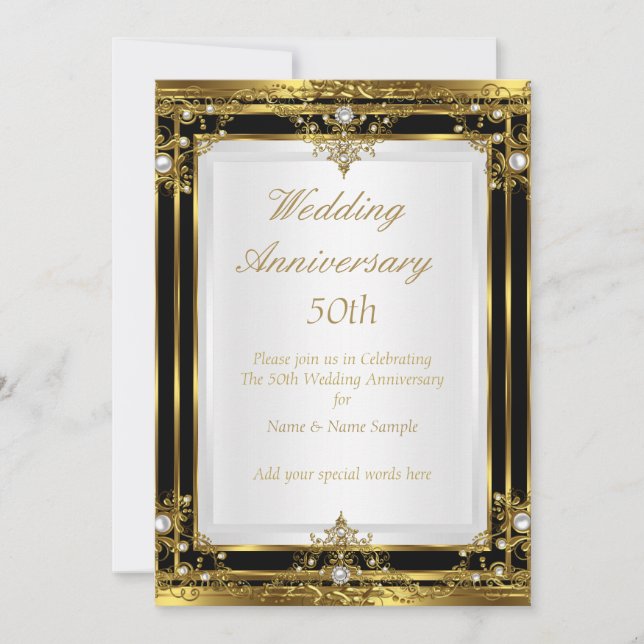 Invitation 50e Anniversaire de Mariage Or Noir Blanc Perle 2 (Devant)