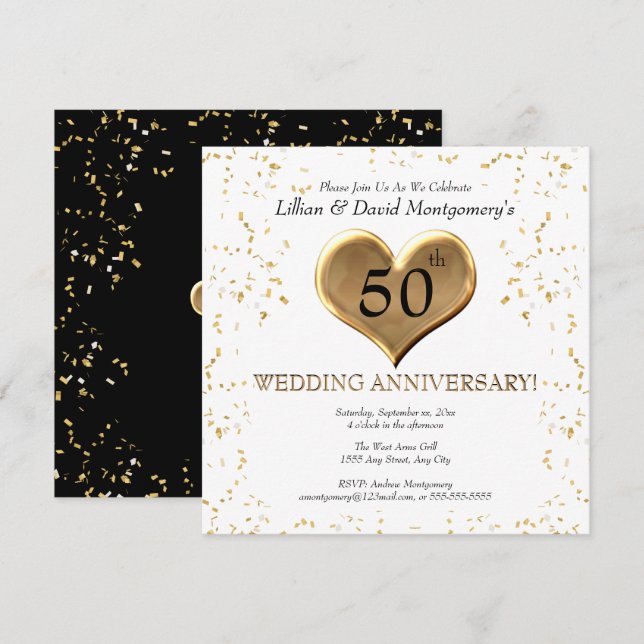 Invitation 50e anniversaire de mariage, Or, Noms des couples (Devant / Derrière)