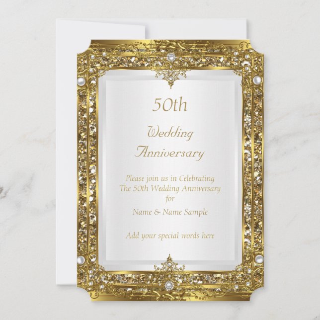 Invitation 50e Anniversaire de Mariage Or Paillettes Blanc Pe (Devant)
