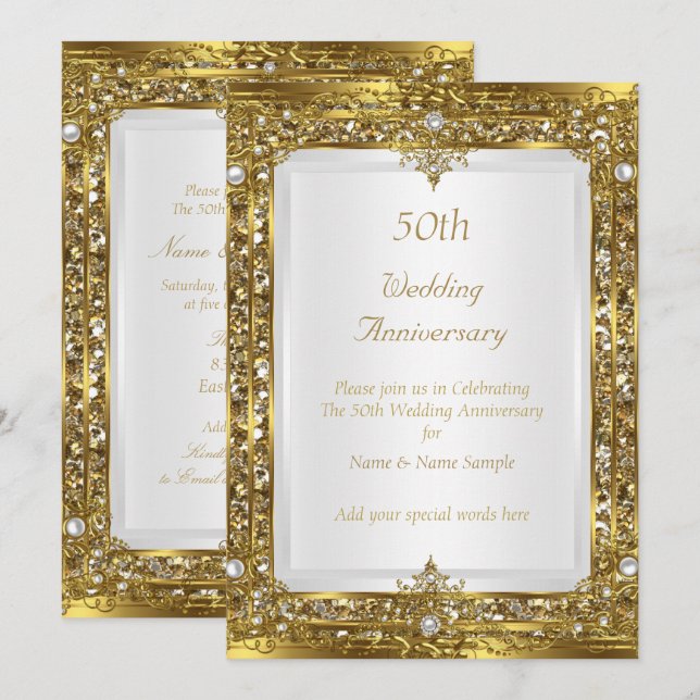 Invitation 50e Anniversaire de Mariage Or Paillettes Blanc Pe (Devant / Derrière)
